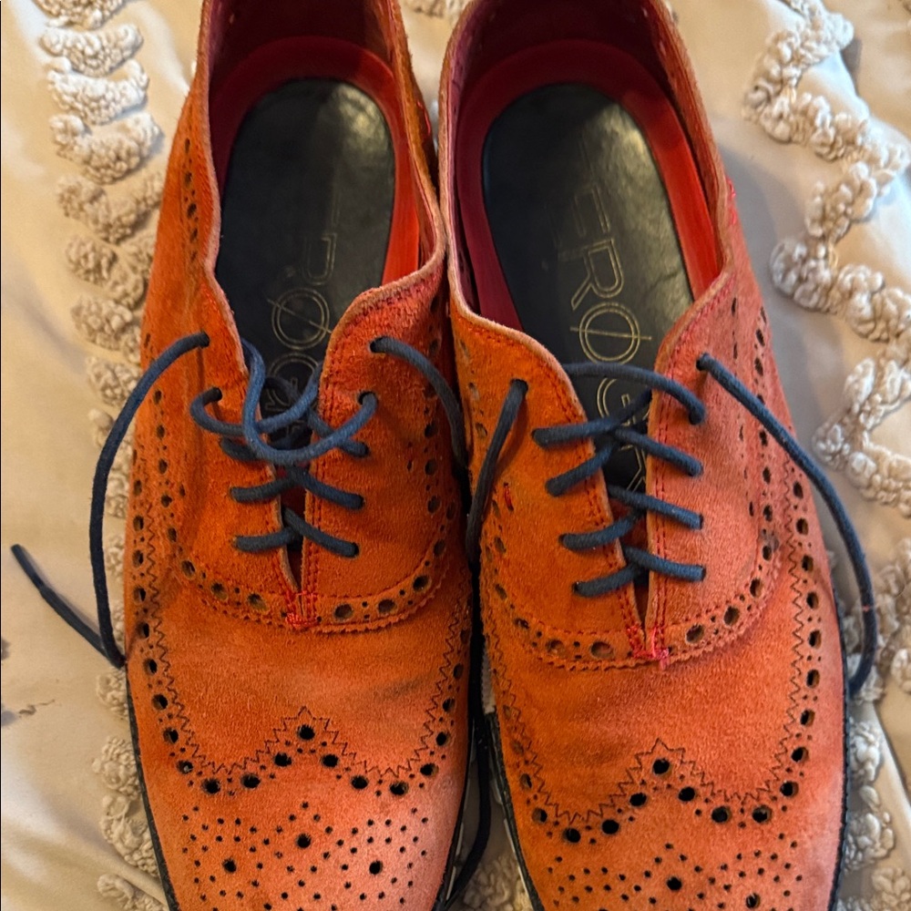 Cole Haan Orange Suede Wingtip Oxfords with Navy Laces EUC